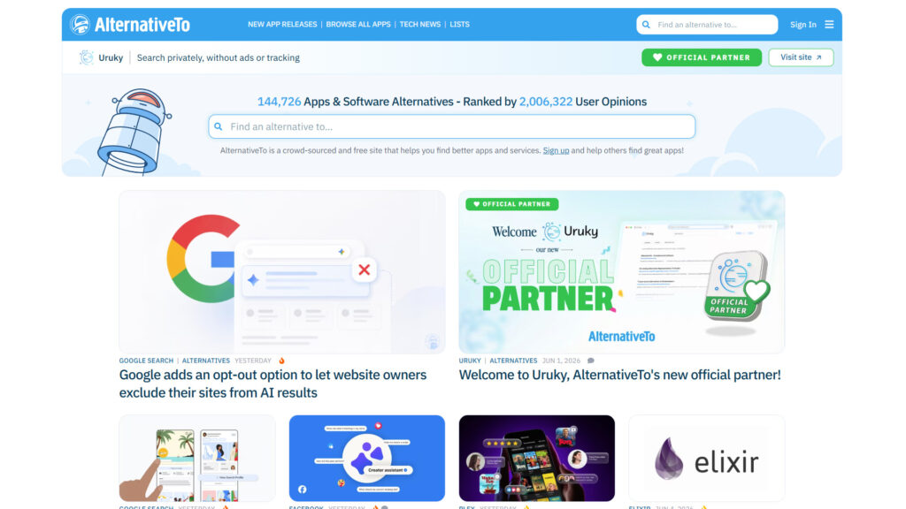 AlternativeTo software discovery websites